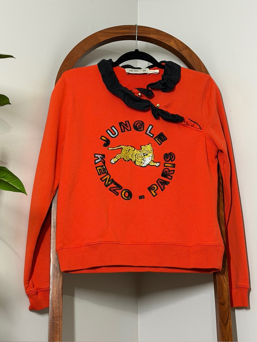 Kenzo + H&M MEDIUM Orange Jungle Tiger Embroidered Sweatshirt with Ruffle Neck